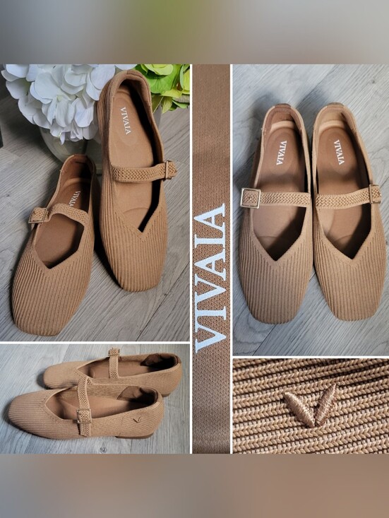 Vivaia Shoes - Vivaia Margot Mary Jane Buckle Square-Toe V-Cut Almond Ribbed Flats, US 5 EU 35